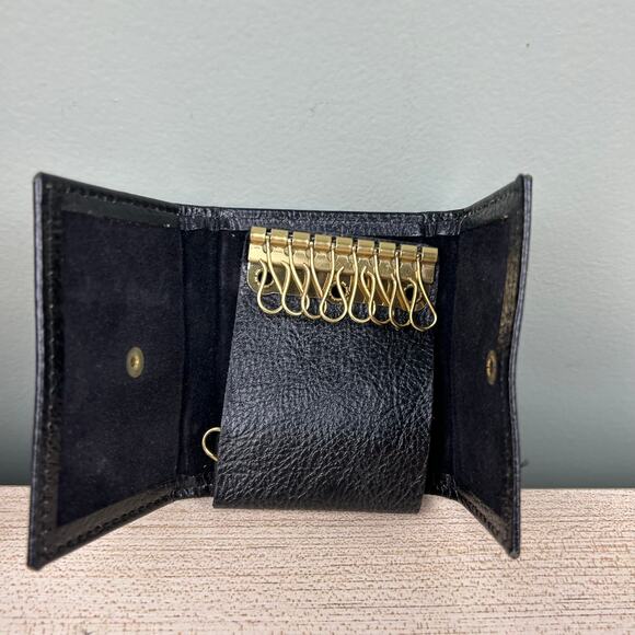 Vintage Meeker Top Grain Leather Key Caddy Holder Black Trifold 16 Hook Carrier - Picture 4 of 12